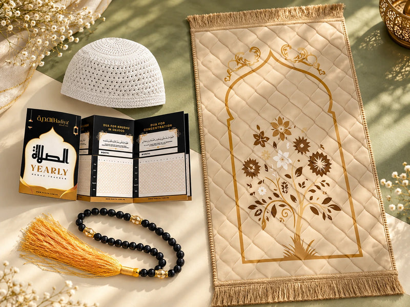 Prayer mat, tasbeeh, prayer cap and salah tracker